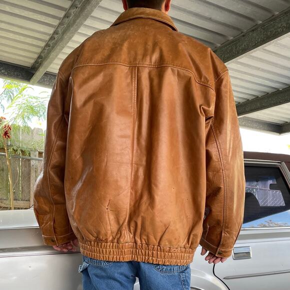 🔥Vintage Y2K Leather 2000 Brown Bomber Jacket Faux Fur Lined Grunge Biker Patina - Picture 3 of 16